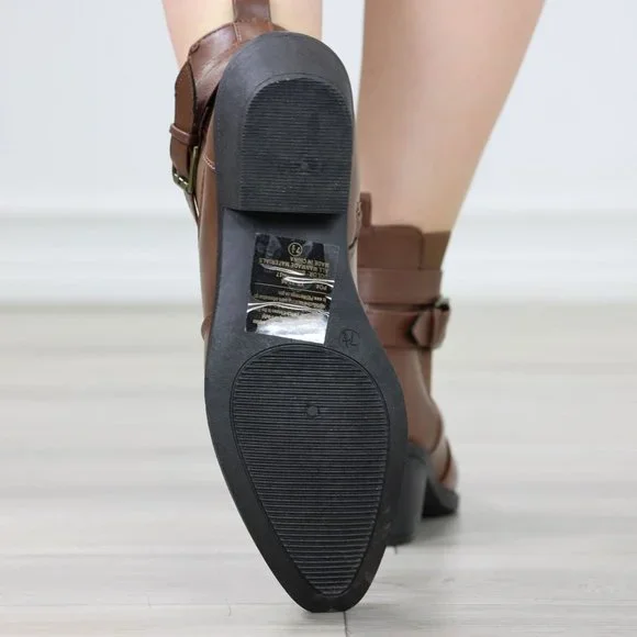 Womens Ankle Boots Low Block Heel Brown Synthetic Leather Pointed Toe Buckles - Picture 14 of 14